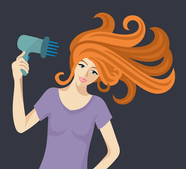 Κοκκινομάλλης γυναίκα με στεγνωτήρα μαλλιών. — Διανυσματικό Αρχείο