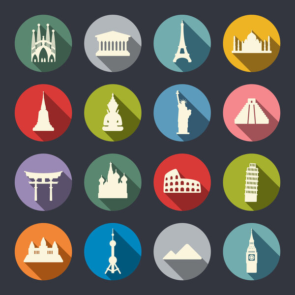 Famous travel landmarks flat icon set.