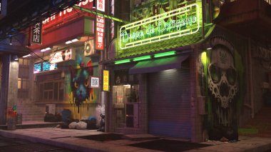 Gece şehrinin 3 boyutlu siber punk caddesi