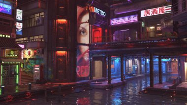 Gece şehrinin 3 boyutlu siber punk caddesi