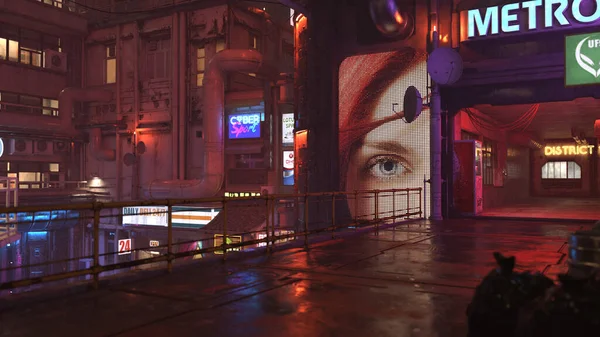 Renderelt Cyberpunk Utca Éjszakai Város — Stock Fotó