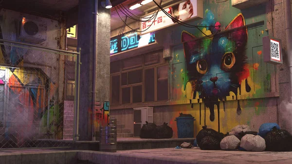 Rendered Cyberpunk Street Night City — Stock Photo, Image