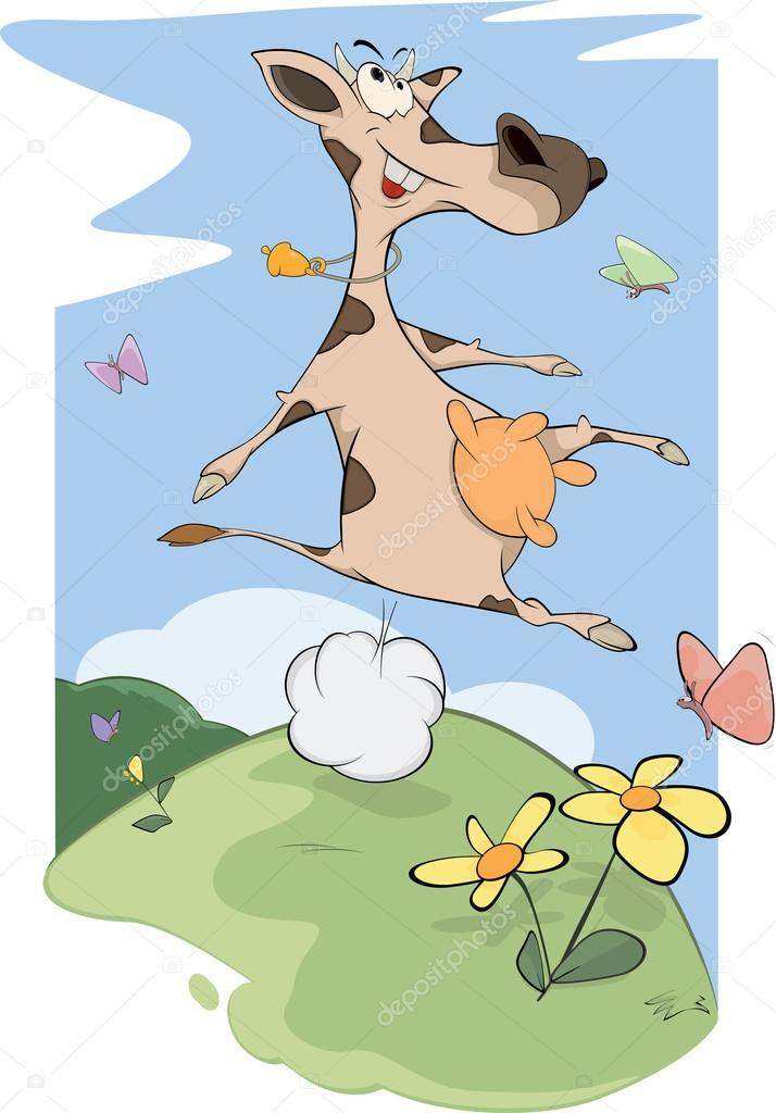 Cheerful cow on a meadow cartoon