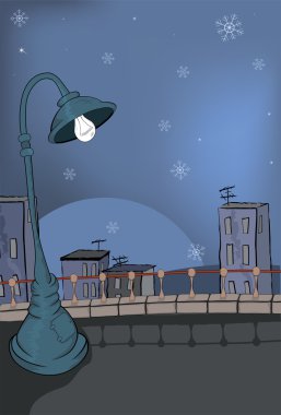 Night city and snowfall. A landscape. Cartoon clipart