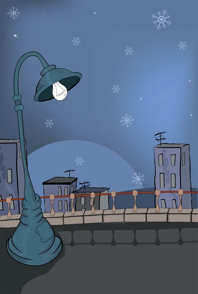 Ciudad nocturna y nevadas. Un paisaje. Caricatura — Vector de stock
