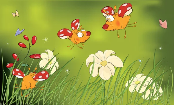 Ladybirds ve çiçek glade karikatür — Stok Vektör