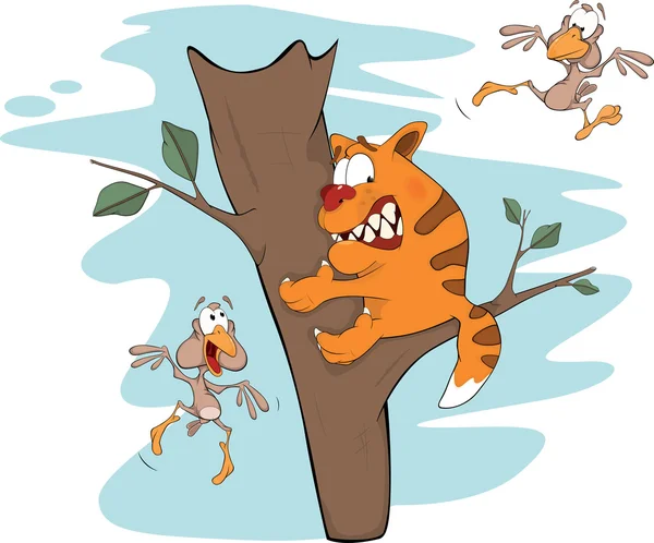 对一棵树和鸟的猫。卡通 — 图库矢量图片