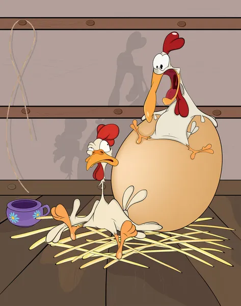 Henne und Hahn das große Ei. Karikatur — Stockvektor