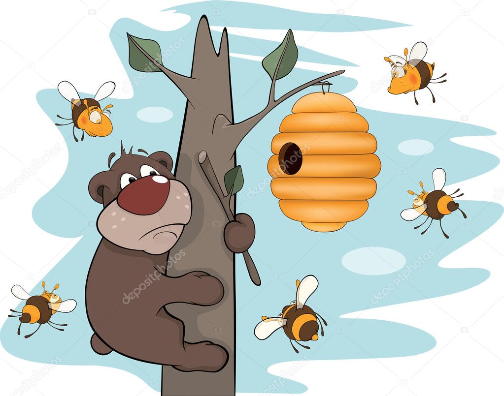 Bear cub and bees. Cartoon