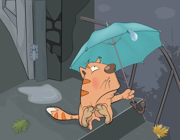 Kat en een herfst regen. Cartoon — Stockvector