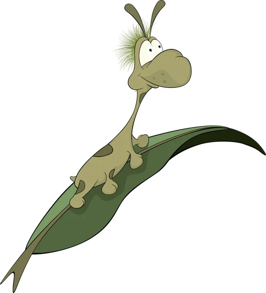 Groene worm op een blad. Cartoon — Stockvector