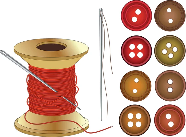 Aguja, bobina de hilos y botones rojos — Vector de stock