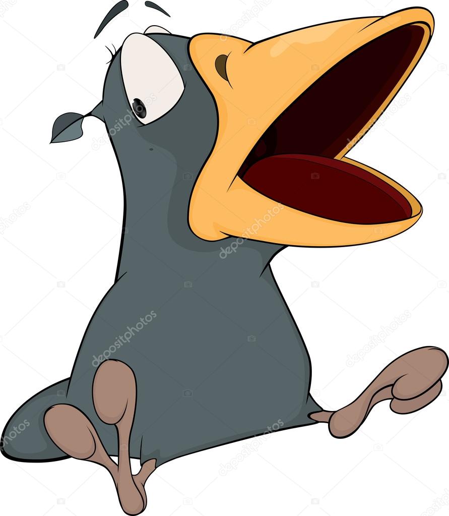 Grey raven with an open beak. Cartoon