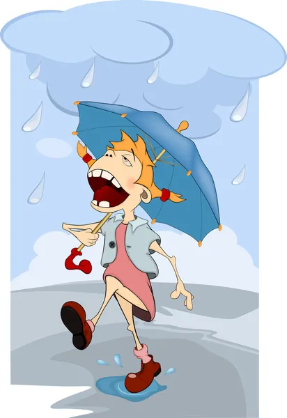 La fille sous la pluie. Caricature — Image vectorielle