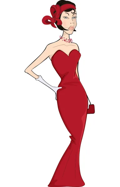 Жінка в червоній вечірній сукні мультфільм — стоковий вектор