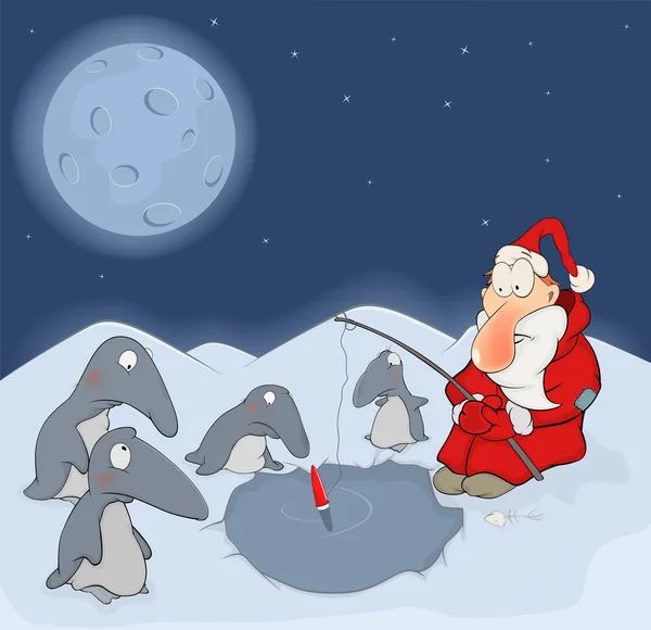 Santa Claus y pingüinos de dibujos animados — Archivo Imágenes Vectoriales