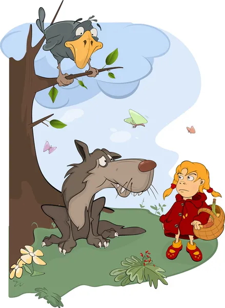 De wolf en de kleine rode paardrijden kap cartoon — Stockvector