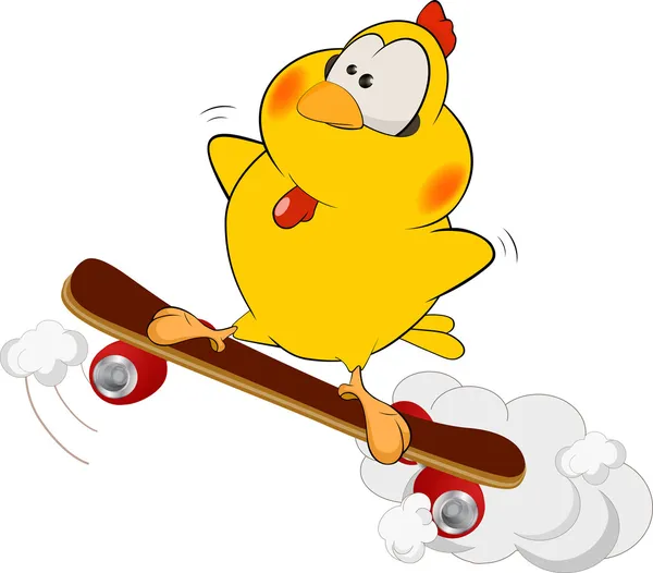 Pollo e skate board cartone animato — Vettoriale Stock