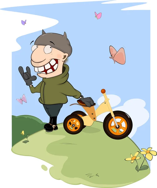 Biker and a children's tricycle — Stock Vector