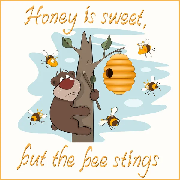 Postal de oso y abejas — Vector de stock