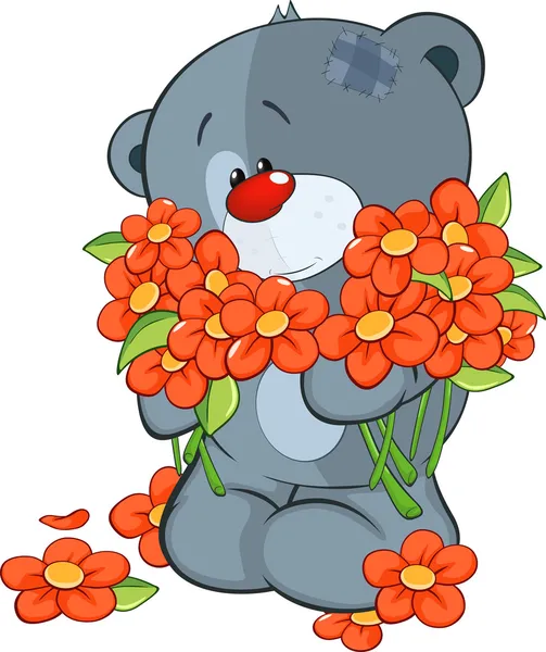 Speelgoed beer cub en bloemen — Stockvector