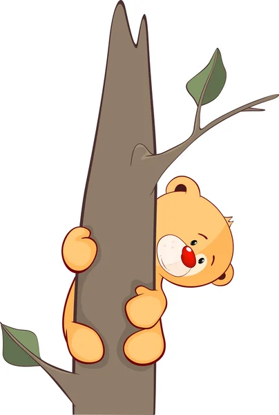 Juguete oso cachorro en un árbol de dibujos animados — Vector de stock