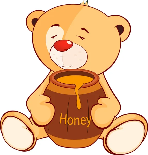 Filhote de urso de brinquedo e um barril de mel —  Vetores de Stock
