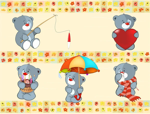 Set of small bears on wallpaper — Stock Vector