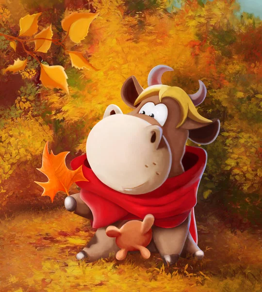 Funny Cartoon Cow Forest Autumn Children Illustration — Stok Foto