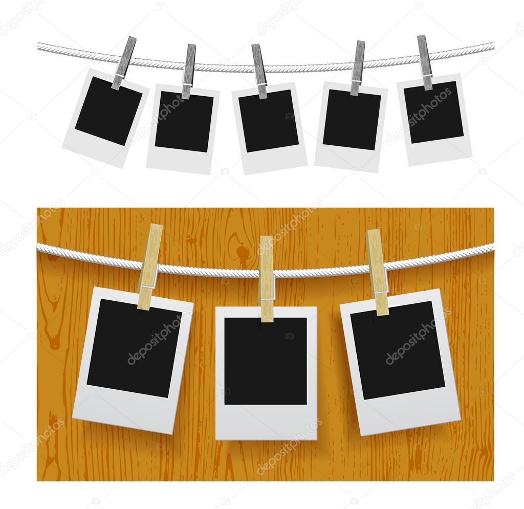 Photo frames with pins on rope