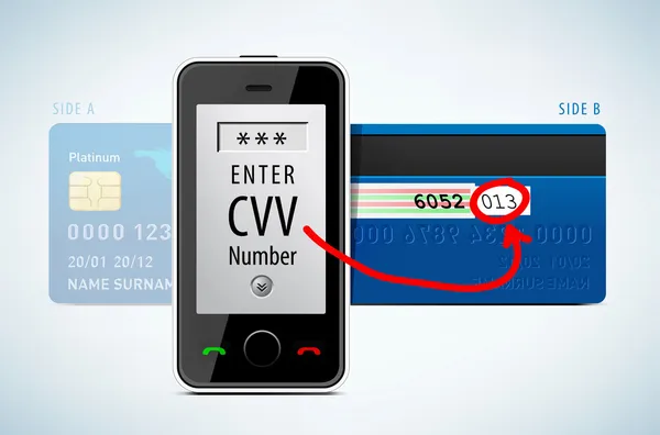 Kredi kartı, cep telefonu ile cvv kodu — Stok Vektör
