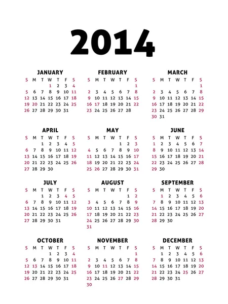 Eenvoudige 2014 kalender — Stockvector