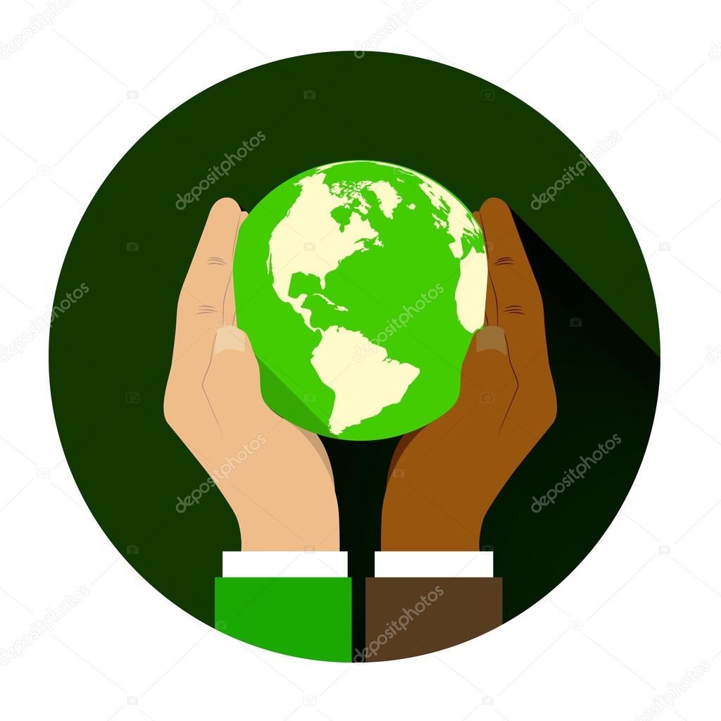 Mix of two different races holding hands globe.