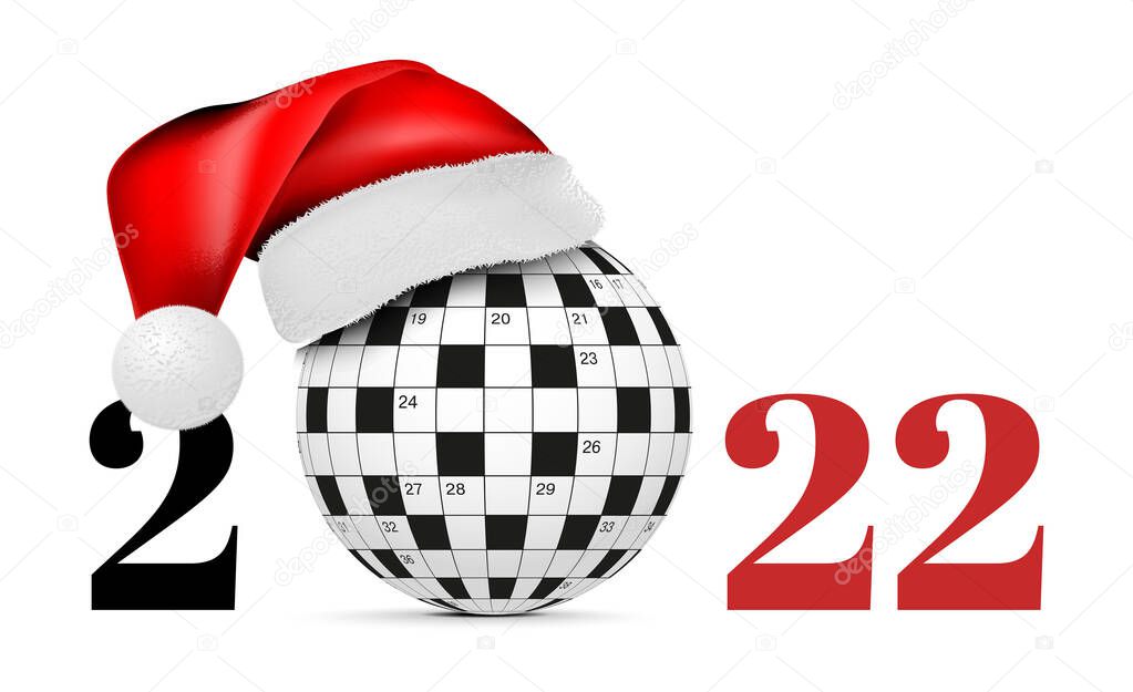 Sphere from a crossword grid in a santa class hat. Vector illustraion on white background. 2022 Happy New Year