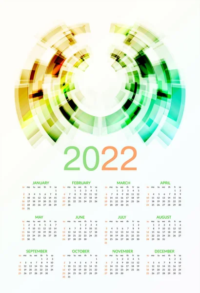 Calendario Colorato 2022 Inizia Domenica Illustrazione Vettoriale Sfondo Bianco — Vettoriale Stock