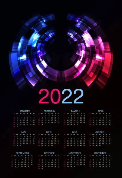 Colorful Calendar 2022 Starts Sunday Vector Illustration Black Background — Stock Vector