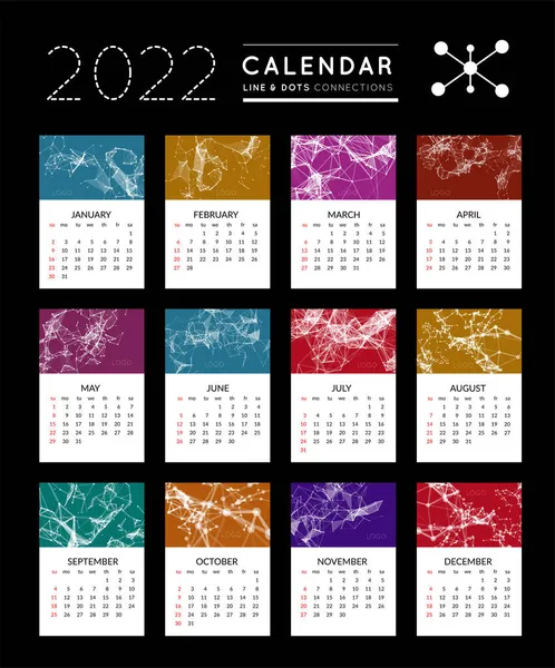 Барвистий Календар 2022 Рік Починається Неділя Векторні Ілюстрації Чорному Фоні — стоковий вектор