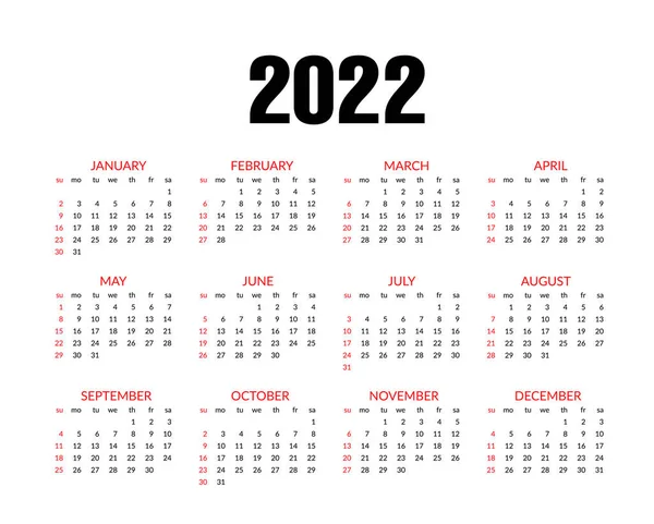 Kalender För 2022 Vektor Illustration Vit Bakgrund — Stock vektor