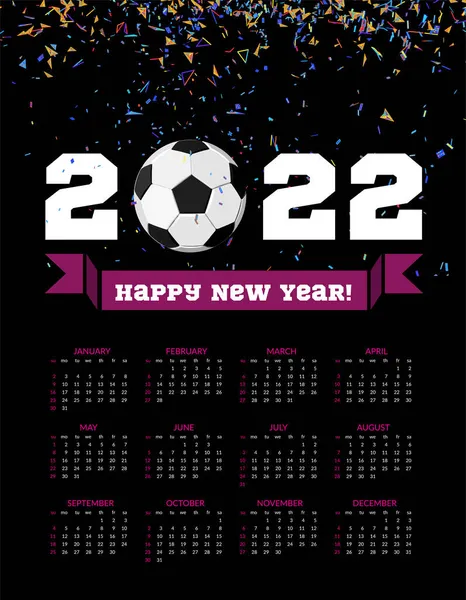 Calendario Para 2022 Feliz Año Nuevo Con Pelota Fútbol Confeti — Archivo Imágenes Vectoriales