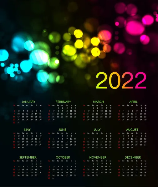 Calendario Colorato 2022 Inizia Domenica Illustrazione Sfondo Nero — Foto Stock