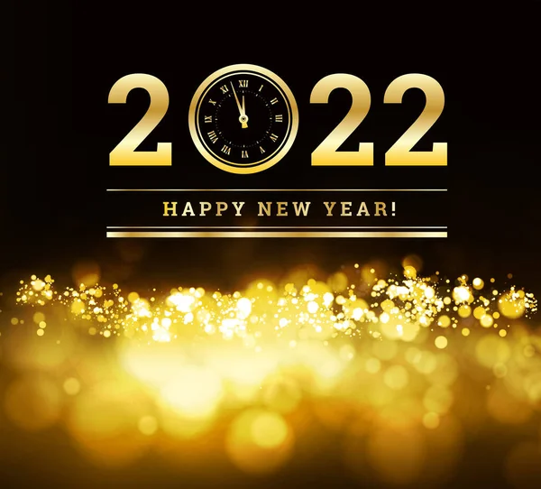 Congratulazioni 2022 Felice Anno Nuovo Particelle Dorate Sfondo Nero Orologio — Vettoriale Stock