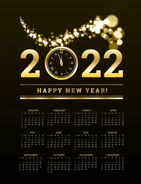 Calendar 2022 Calendar Gold Clock Glitter Particles Vector Illustration Black — Vetor de Stock