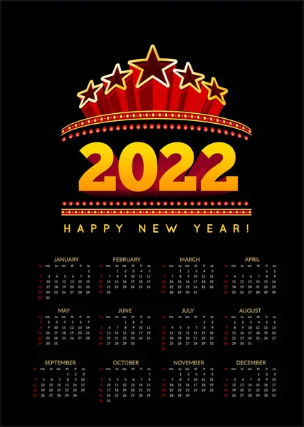 2022年的日历从周日开始 关于黑色背景的说明 — 图库照片