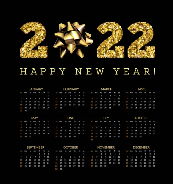 Calendar 2022 Gold Bow Particles Illustration Black Background — Stock Photo, Image