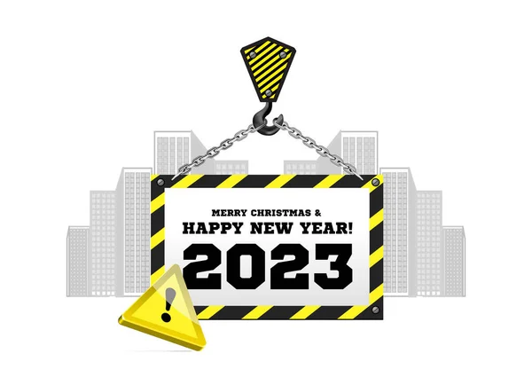 Felicitaciones Por Nuevo Año 2023 Contexto Una Grúa Construcción Edificios — Archivo Imágenes Vectoriales
