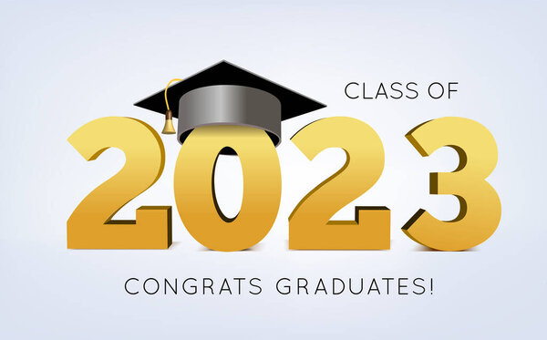 Graduation class of 2023 with cap. 3d vector illustration on light background