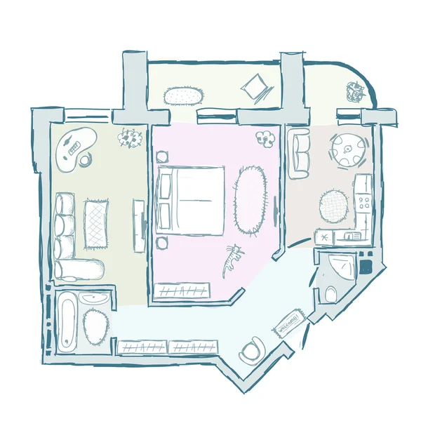 Schizzo di design appartamento interno, disegno vettoriale disegnato a mano — Vettoriale Stock