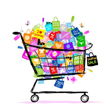 Big sale concept with shopping bags into basket for your design clipart