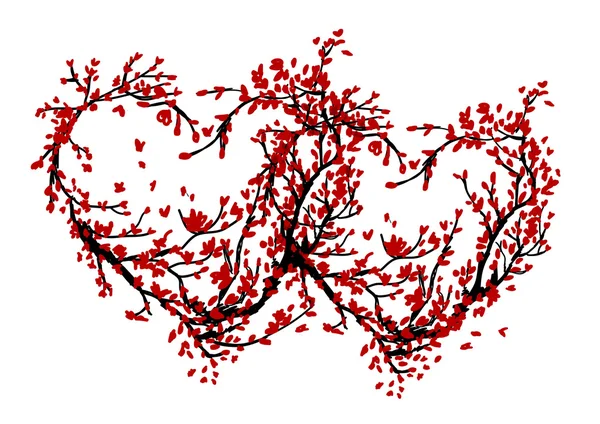 Due cuori fatti da albero di sakura per il vostro disegno — Vettoriale Stock