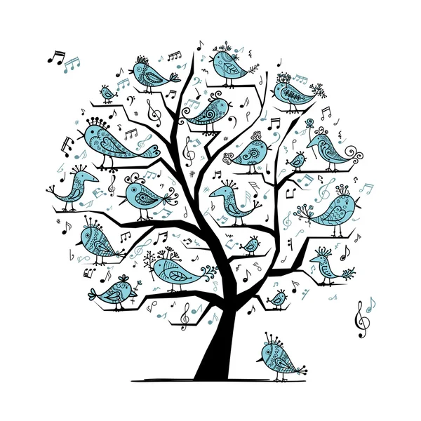 Roligt träd med sjungande fåglar för din design — Stock vektor